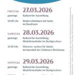 Plakat für den "Ostermarkt Schloss Reichenau", mit Angabe der Veranstaltungstermine (27.-29. März 2026) und der Aktivitäten, mit einem Foto von Schloss Reichenau am unteren Rand.