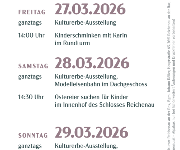 Plakat für den "Ostermarkt Schloss Reichenau", mit Angabe der Veranstaltungstermine (27.-29. März 2026) und der Aktivitäten, mit einem Foto von Schloss Reichenau am unteren Rand.