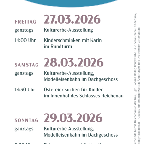 Plakat für den "Ostermarkt Schloss Reichenau", mit Angabe der Veranstaltungstermine (27.-29. März 2026) und der Aktivitäten, mit einem Foto von Schloss Reichenau am unteren Rand.