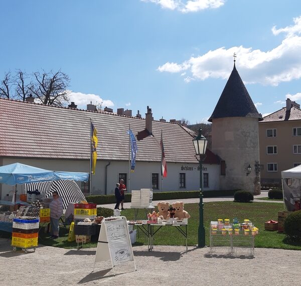 Open-Air-Markt mit mehreren Ständen und Zelten auf einem Stadtplatz, mit einem Kirchturm und historischen Gebäuden im Hintergrund unter einem teilweise bewölkten Himmel.