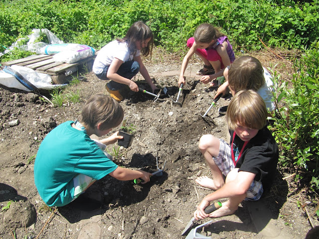 Fünf Kinder graben mit kleinen Gartengeräten in einem Gartenbeet, umgeben von Grünpflanzen und Erdsäcken im Hintergrund.