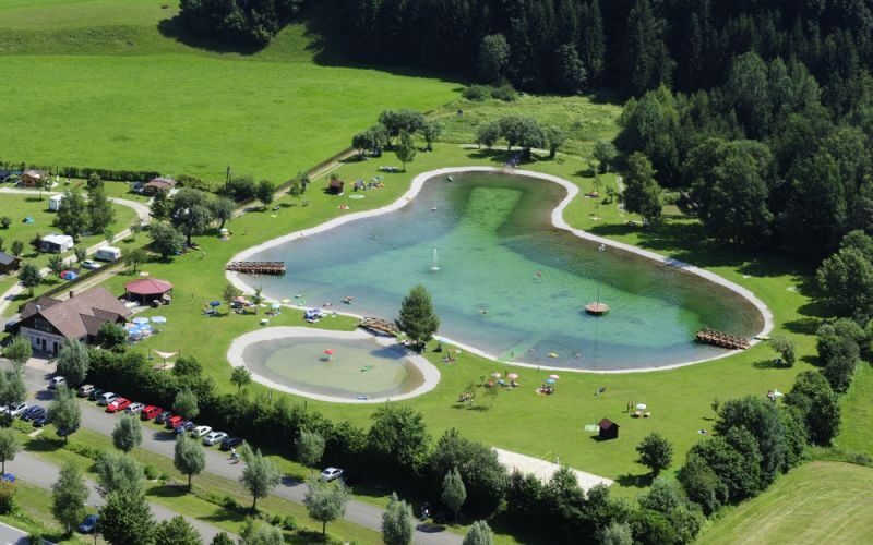 Luftaufnahme eines angelegten Teichs mit klarem Wasser, umgeben von Gras, Bäumen und geparkten Autos, in dessen Umgebung sich Menschen entspannen.