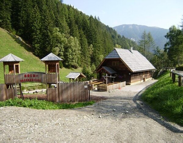 Ein Holzhaus und ein eingezäunter Spielplatz liegen an einer Schotterstraße, umgeben von bewaldeten Hügeln und fernen Bergen unter einem klaren Himmel.