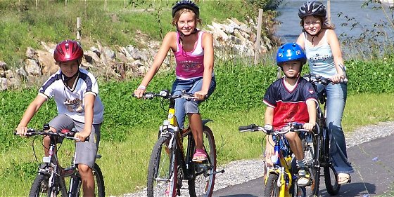 Vier Kinder mit Helmen fahren an einem sonnigen Tag auf einem gepflasterten Weg neben Gras und Steinen Fahrrad.