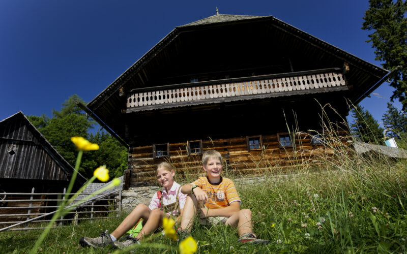 Zwei Kinder sitzen auf einer Wiese vor einer rustikalen Holzhütte unter einem strahlend blauen Himmel, mit gelben Wildblumen im Vordergrund.