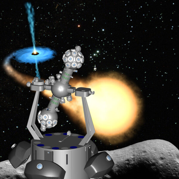 Ein Raumschiff schwebt über einer felsigen Oberfläche mit Sternen, einem leuchtenden gelben Stern und einem schwarzen Loch mit einer Akkretionsscheibe im Hintergrund.