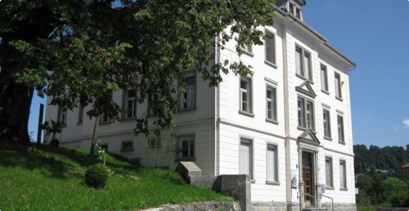 Ein großes, weißes, dreistöckiges Gebäude mit vielen Fenstern und einem zentralen Eingang, das teilweise von einem Baum beschattet wird und auf einer Wiese mit einem klaren Himmel im Hintergrund steht.
