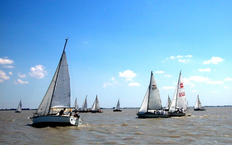 Mehrere Segelboote mit weißen Segeln liegen auf einer großen Wasserfläche unter einem klaren blauen Himmel mit vereinzelten Wolken.