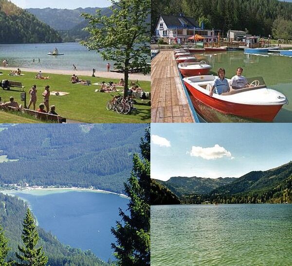 Vier Szenen eines Seeufers: Menschen, die sich im Gras entspannen und schwimmen, Boote, die an einem Steg anlegen, und zwei Landschaftsansichten des Sees, umgeben von bewaldeten Hügeln und Bergen.