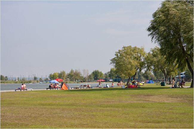 Menschen entspannen sich auf Bänken und unter Sonnenschirmen in einem grasbewachsenen Park an einem See, mit Bäumen und Segelbooten im Hintergrund.