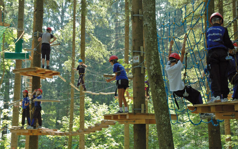 Kinder, die Helme und Klettergurte tragen, nehmen an einem Hochseilgarten zwischen hohen Bäumen teil, balancieren auf Plattformen und klettern auf Netzen in einem Outdoor-Abenteuerpark.