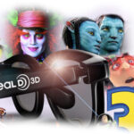 Eine RealD-3D-Brille ist von animierten und CGI-Filmfiguren umgeben, in der Ecke befinden sich Logos für digitales Kino und digitales 3D-Kino.