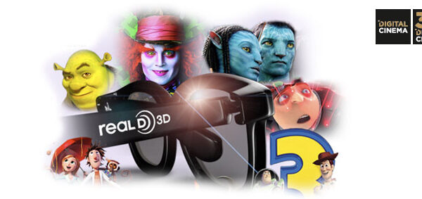 Eine RealD-3D-Brille ist von animierten und CGI-Filmfiguren umgeben, in der Ecke befinden sich Logos für digitales Kino und digitales 3D-Kino.