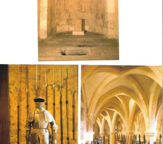 Oben: Steingemauerte Kammer mit gewölbter Decke und kleinem Altar. Unten links: Rüstung und Waffen. Unten rechts: Gewölbter Saal mit langem Esstisch und Stühlen.