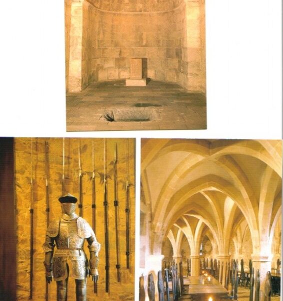 Oben: Steingemauerte Kammer mit gewölbter Decke und kleinem Altar. Unten links: Rüstung und Waffen. Unten rechts: Gewölbter Saal mit langem Esstisch und Stühlen.
