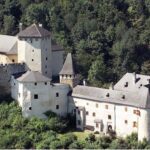 Luftaufnahme einer historischen Burganlage aus Stein mit Türmen und Schrägdächern, umgeben von einem dichten grünen Wald.