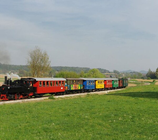 Ein kleiner Dampfzug mit bunten Waggons fährt an einem klaren Tag durch eine grüne, ländliche Landschaft.