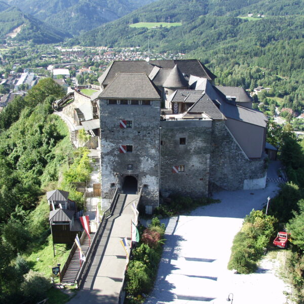 Luftaufnahme einer Steinburg mit mehreren Dächern auf einem Hügel, umgeben von Bäumen und mit Blick auf ein Tal mit Gebäuden und grünen Bergen im Hintergrund.