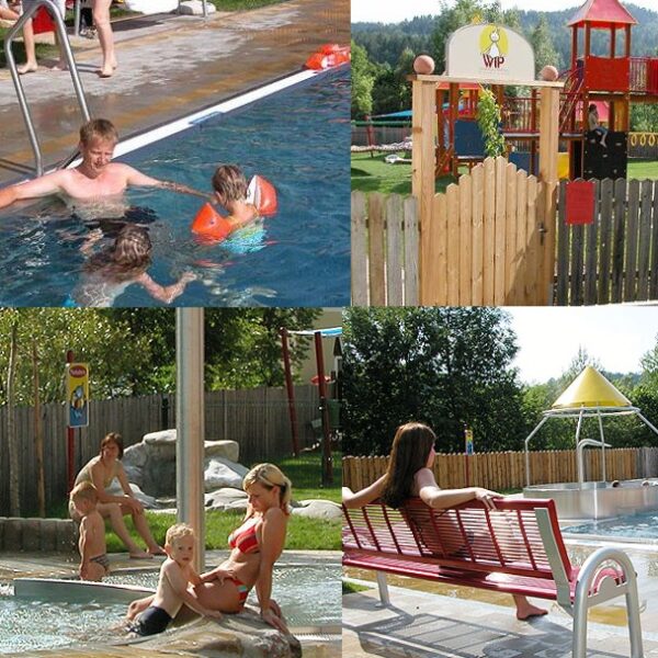 Collage mit Erwachsenen und Kindern in Freibädern, einem Kinderspielplatz mit Rutschen und Menschen, die auf Bänken in der Nähe des Schwimmbads sitzen.