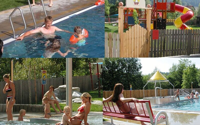 Collage mit Erwachsenen und Kindern in Freibädern, einem Kinderspielplatz mit Rutschen und Menschen, die auf Bänken in der Nähe des Schwimmbads sitzen.