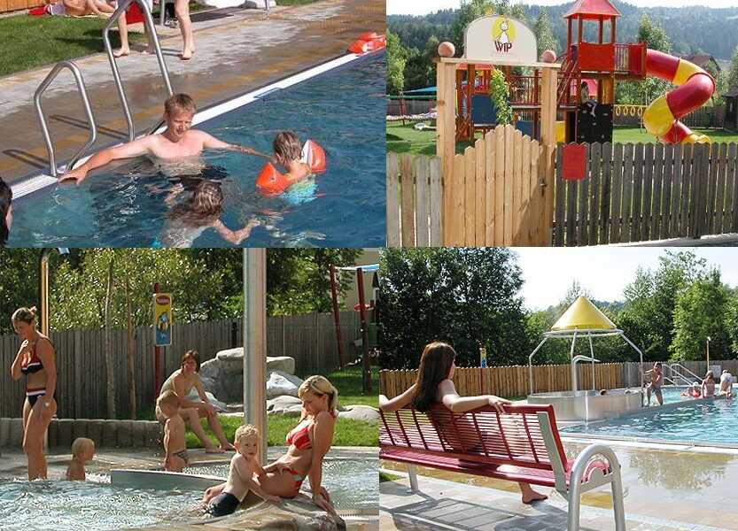 Collage mit Erwachsenen und Kindern in Freibädern, einem Kinderspielplatz mit Rutschen und Menschen, die auf Bänken in der Nähe des Schwimmbads sitzen.