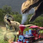 Ein Dampfzug auf einem Gleis in einem Wald wird von zwei großen Dinosauriern angefahren, darunter ein T. rex und ein Velociraptor.