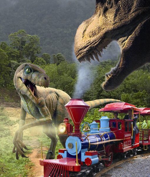 Ein Dampfzug auf einem Gleis in einem Wald wird von zwei großen Dinosauriern angefahren, darunter ein T. rex und ein Velociraptor.