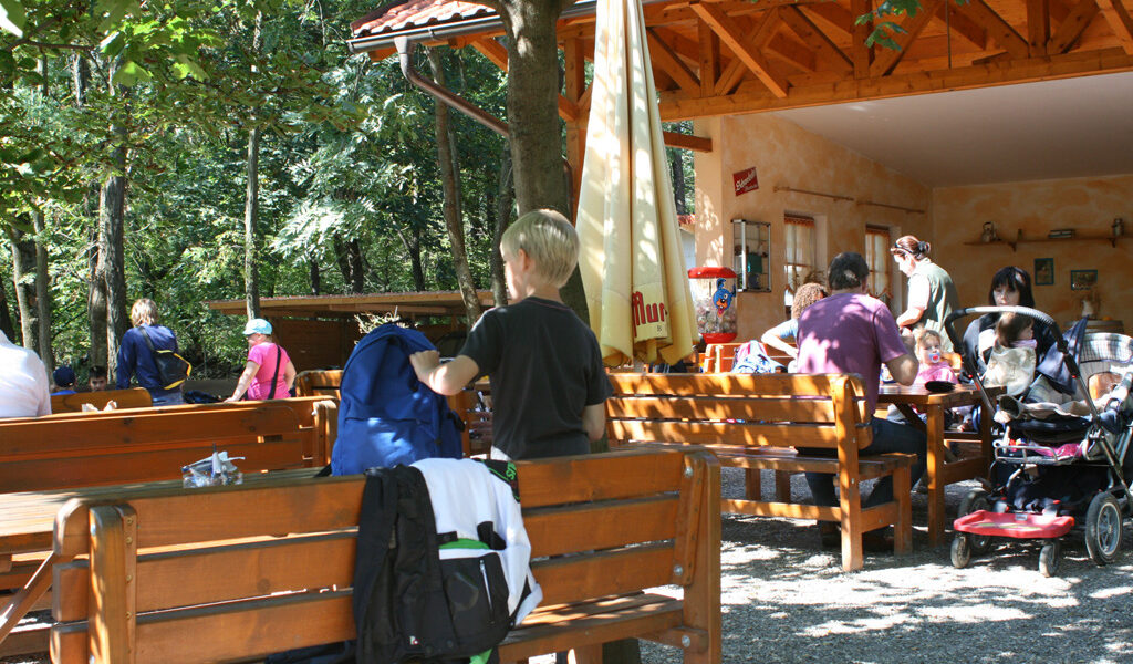 Menschen, darunter auch Kinder, sitzen und stehen um hölzerne Bänke und Tische im Freien unter einem Baum in der Nähe eines Gebäudes mit einem roten Ziegeldach. Das Sonnenlicht fällt durch die Blätter.