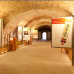 In einem Flur mit Ziegelgewölbe sind Informationstafeln und Bilder zu sehen, darunter das große Bild einer Senftube, in einem Museum oder einer Ausstellung.