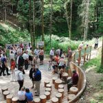 Eine Gruppe von Menschen versammelt sich auf einer hölzernen Plattform mit Holzhockern in einem Wald, liest Informationstafeln und tauscht sich in einer natürlichen Umgebung aus.