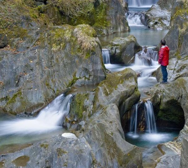 Eine Person in einer roten Jacke steht auf einem Felsen neben einem klaren, fließenden Bach mit kleinen Wasserfällen in einem felsigen, bewaldeten Gebiet.