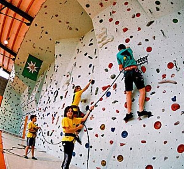 Vier Kinder in Klettergurten erklimmen eine Kletterwand in einer Turnhalle, wobei zwei klettern und zwei andere sich an Sicherungsseilen festhalten.