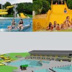 Ein Wasserpark mit gelben Wasserrutschen, Kindern, die im Becken und auf den Rutschen spielen, und einem 3D-Modell der Anlage mit Becken, Rutschen und Gebäuden.