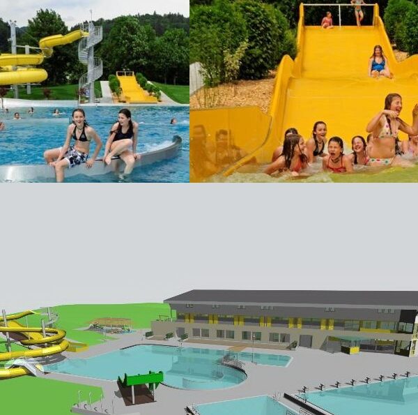 Ein Wasserpark mit gelben Wasserrutschen, Kindern, die im Becken und auf den Rutschen spielen, und einem 3D-Modell der Anlage mit Becken, Rutschen und Gebäuden.