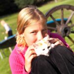 Ein Mädchen in einem rosafarbenen Pullover hält ein weißes Kätzchen auf ihrem Schoß im Freien, mit einem hölzernen Wagenrad und Grünzeug im Hintergrund.