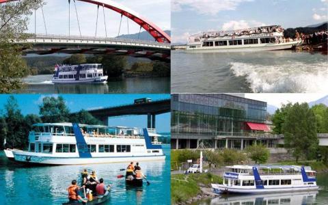 Collage aus vier Bildern, die weiße und blaue Passagierboote auf einem Fluss zeigen, mit Brücken, Gebäuden und Kanufahrern im Hintergrund.