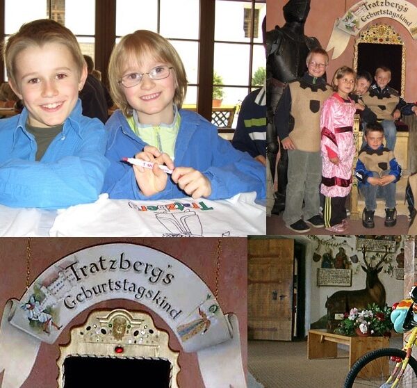 Vier Kinder lächeln, während sie an einem Tisch sitzen, und drei weitere Fotos zeigen eine Geburtstagsparty mit Kindern in Kostümen, einem Geburtstagsschild und einem dekorierten Fahrrad im Haus.