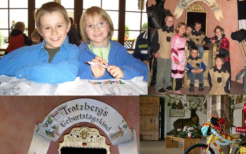 Vier Kinder lächeln, während sie an einem Tisch sitzen, und drei weitere Fotos zeigen eine Geburtstagsparty mit Kindern in Kostümen, einem Geburtstagsschild und einem dekorierten Fahrrad im Haus.