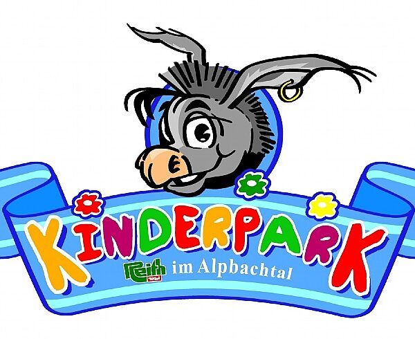 Cartoon-Esel über einem blauen Bandbanner mit buntem Text „KINDERPARK“ und kleinerem Text „im Alpbachtal“ darunter.