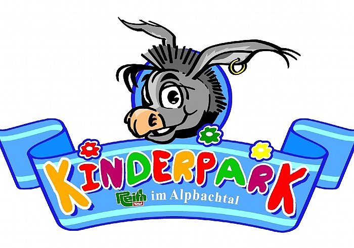 Cartoon-Esel über einem blauen Bandbanner mit buntem Text „KINDERPARK“ und kleinerem Text „im Alpbachtal“ darunter.