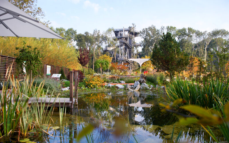 Ein angelegter Garten mit einem Teich im Vordergrund, üppigen Pflanzen, einem Regenschirm und einem metallenen Aussichtsturm im Hintergrund unter einem klaren Himmel.