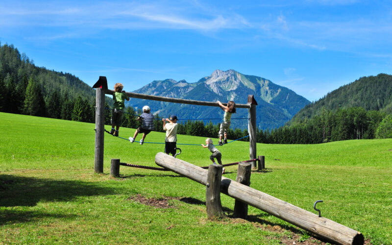 Fünf Kinder spielen auf einem hölzernen Klettergerüst auf einer Wiese mit einem Berg und Bäumen im Hintergrund unter einem blauen Himmel.