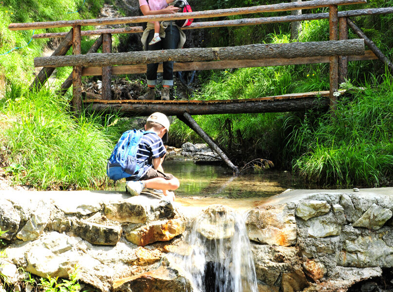 Ein Kind mit Rucksack hockt neben einem kleinen Wasserfall, während ein Erwachsener und ein weiteres Kind auf einer Holzbrücke in einem grünen Waldgebiet stehen.