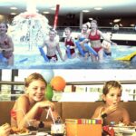 In der oberen Hälfte spielen Kinder in einem Hallenbad mit einer Wasserrutsche, in der unteren Hälfte sitzen Kinder an einem Tisch, essen und lächeln.