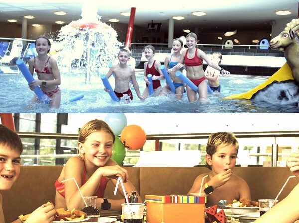 In der oberen Hälfte spielen Kinder in einem Hallenbad mit einer Wasserrutsche, in der unteren Hälfte sitzen Kinder an einem Tisch, essen und lächeln.