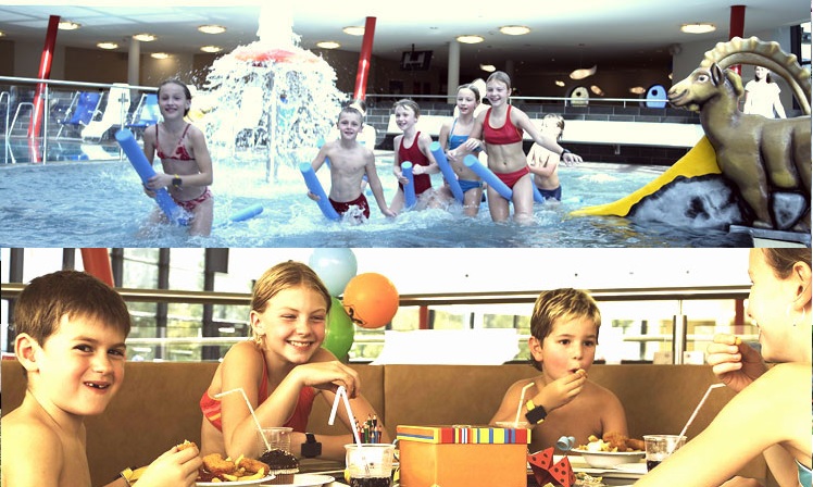 In der oberen Hälfte spielen Kinder in einem Hallenbad mit einer Wasserrutsche, in der unteren Hälfte sitzen Kinder an einem Tisch, essen und lächeln.