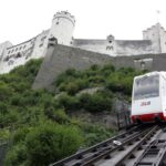 Eine weiß-rote Standseilbahn fährt eine steile Strecke hinauf zu einer großen Steinfestung auf einem Hügel, umgeben von Grün.