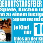 Werbung für eine Kindergeburtstagsparty im Kino mit Spielen, Kuchen, Saft und einem Film für 10 Euro pro Kind; zu sehen ist ein lächelndes Kind, das den Buchstaben „E“ hält.