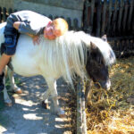 Ein kleiner Junge liegt auf dem Rücken eines kleinen weiß-braunen Ponys in einem eingezäunten Außenbereich mit Stroh auf dem Boden.