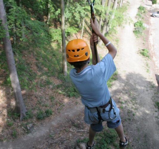 Eine Person, die einen Helm und ein Gurtzeug trägt, fährt auf einer Seilrutsche über einen unbefestigten Weg in einem Waldgebiet.